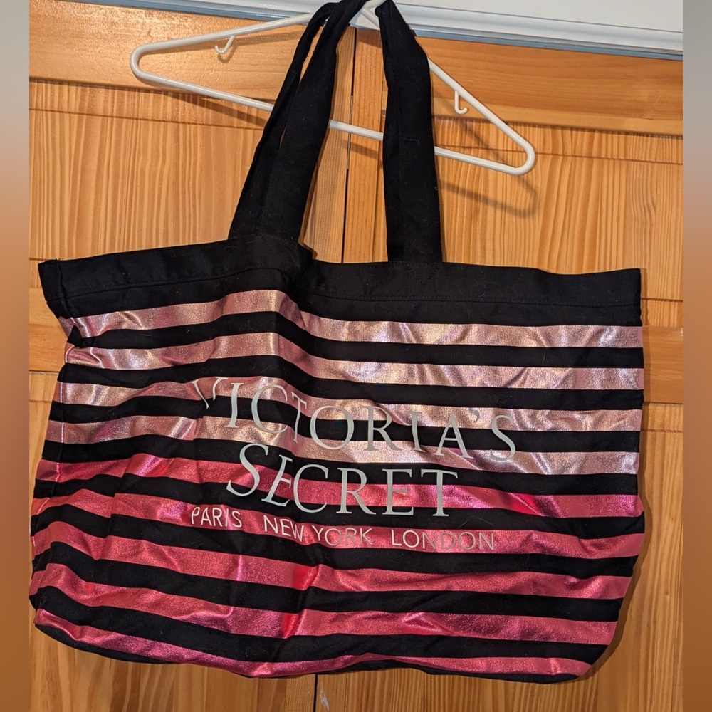 Victoria's Secret Black and Pink Striped Tote Bag